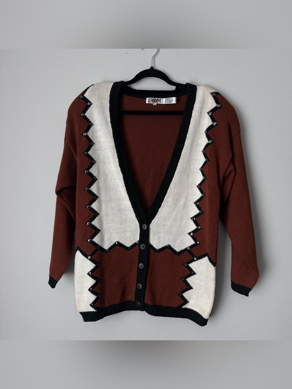 Vintage Brown and Cream V-Neck Geometric Cardigan with Sequins